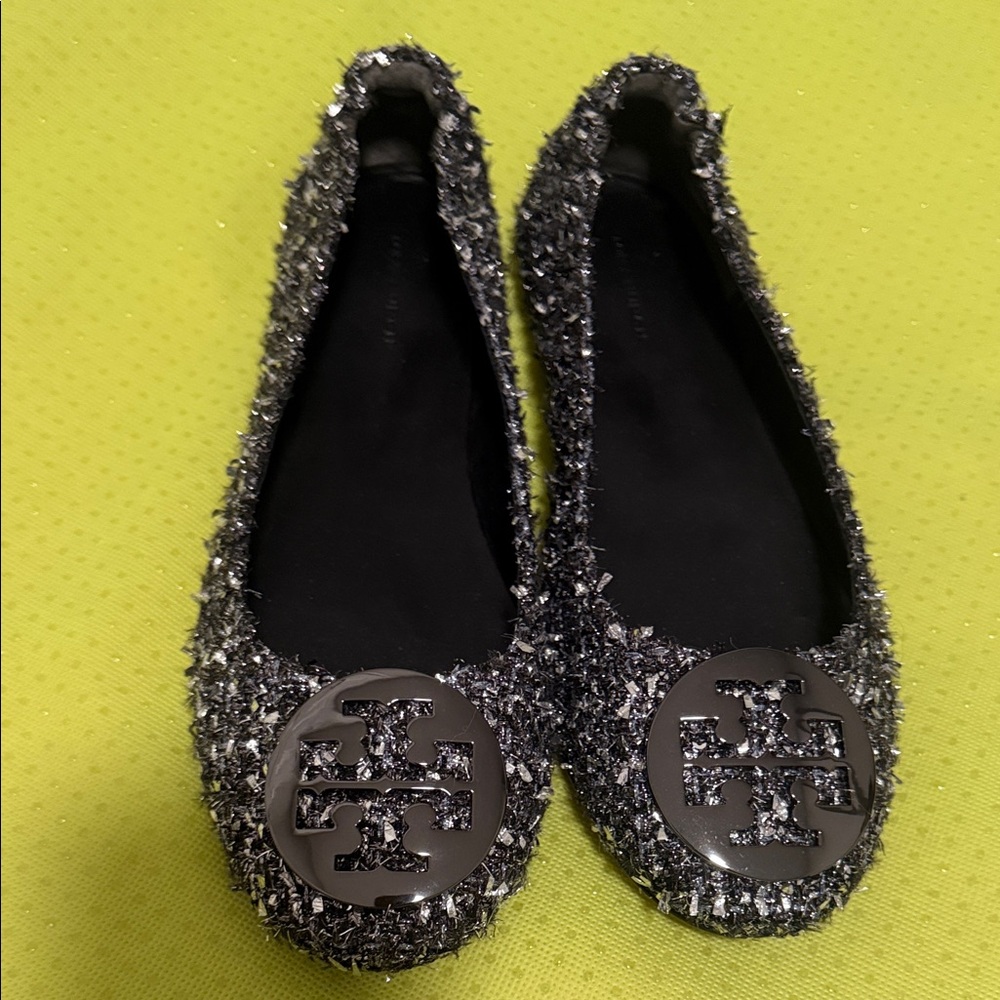 Tory Burch Silver and Black Textured Flats